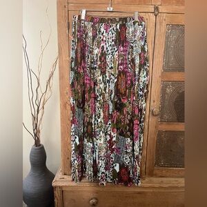 Bohemian Floral Pleated Maxi Skirt in Pink and Olive